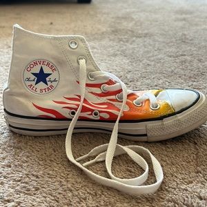 White high-top converse with flame design, size W7 M5